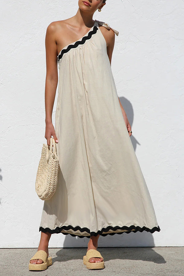 Linen Blend One Shoulder Tie Resort Maxi Dress