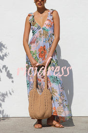 Unique Printed V-neck Ruffled Straps Pleated Back Maxi Dress