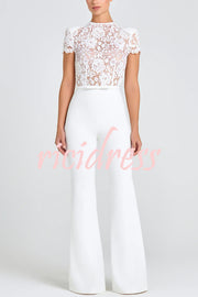 Party Charmer Flower Lace Patchwork Short Sleeve Bow Belted Flare Jumpsuit