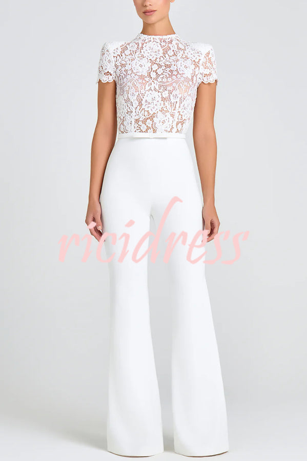 Party Charmer Flower Lace Patchwork Short Sleeve Bow Belted Flare Jumpsuit