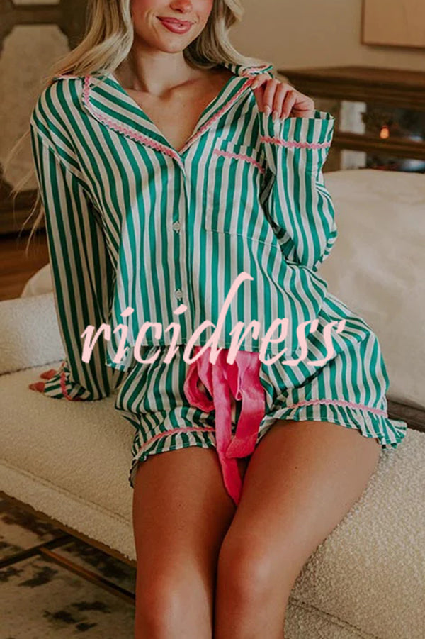 Merry and Bright Satin Striped Color-block Trim Loose Shirt and Elastic Waist Pocket Pajama Set