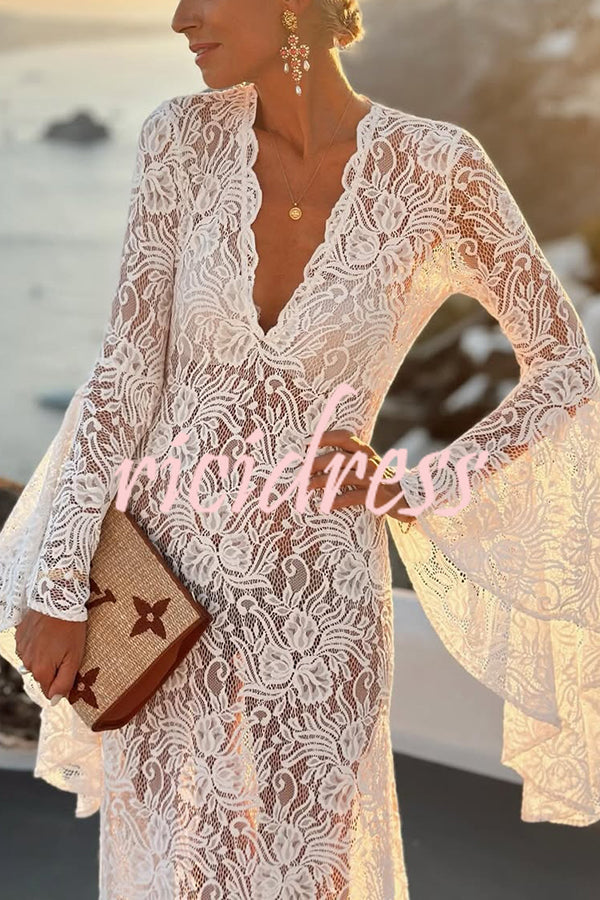 Dream Love Floral Lace Bell Sleeve V-neck Slit Maxi Dress