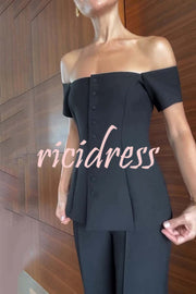 Solid Color Off-the-shoulder Single-breasted Top and Casual Pocket Straight-leg Pants Set