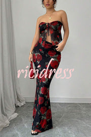 Floral Print Sexy Bandeau Lace-up Top and Slim Mesh Stretch Maxi Skirt Set