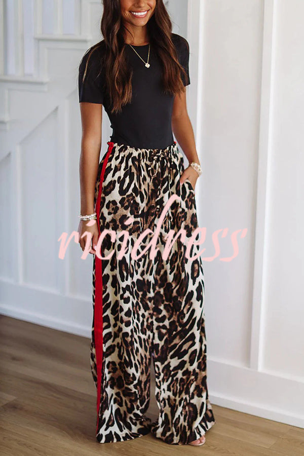 Leopard Print Elastic Waist Pocket Loose Wide Leg Pants