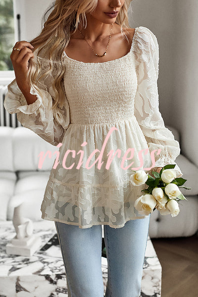 Floral Design Square Neck Pleated Long Sleeve Top