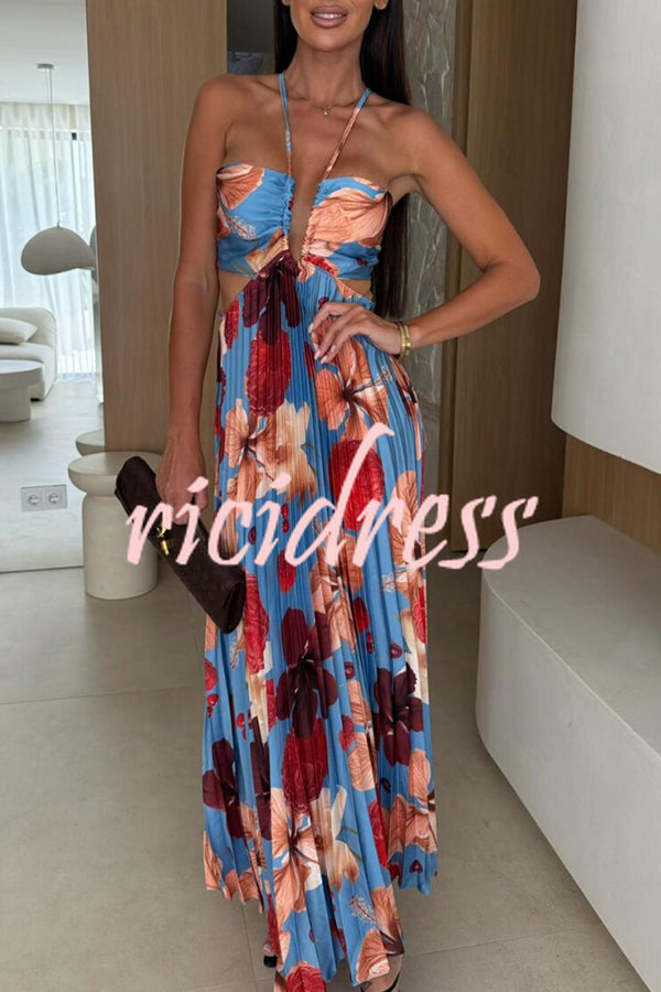 Casey Satin Floral Print Cutout Halter Back Tie-up Pleated Maxi Dress