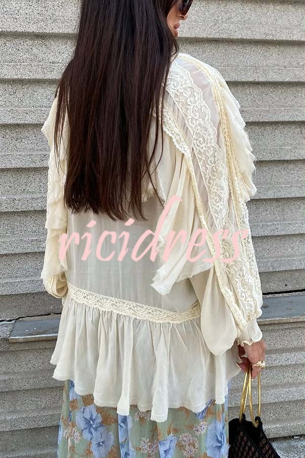 Autumn Boho Chiffon Lace Trim Ruffle Balloon Sleeve Blouse