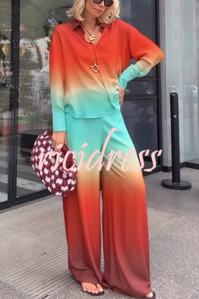 Neon Sunset Gradient Print Long Sleeve High Low Hem Blouse and Elastic Waist Loose Pants Set