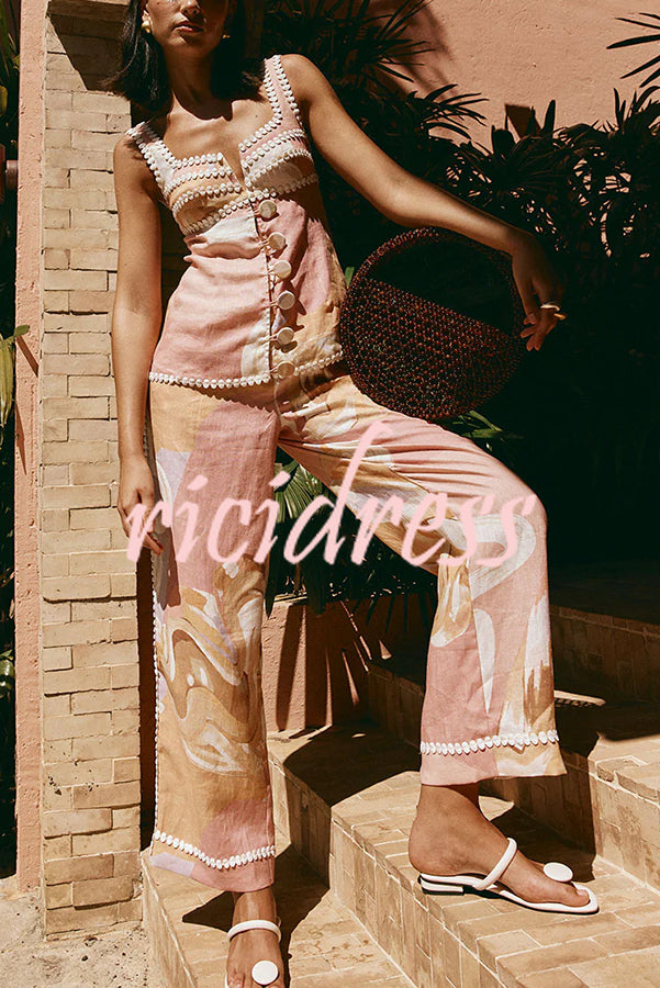European Summer Linen Blend Ric Rac Trims High Rise Pocket Loose Pants