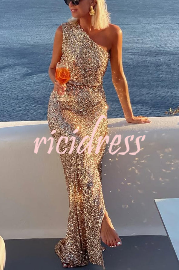 Santorini Night Sequin Fabric One Shoulder Slit Maxi Dress