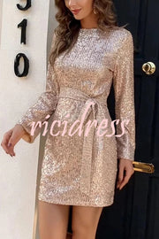 Fashion Sequined Tie Waist Slim Backless Mini Dress