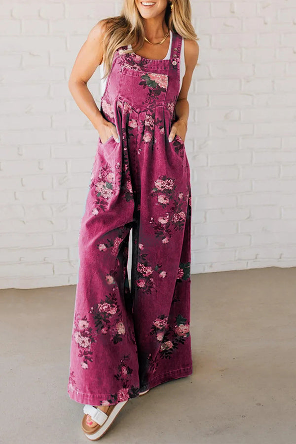 Fashion Floral Print Casual Button Pocket Loose Denim Overalls