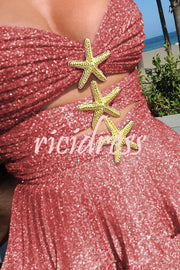 Little Mermaid Glitter Fabric Metal Starfish Hollow Layered Stretch One-piece Swimsuit