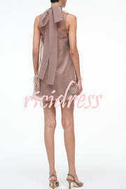 Playful Charm Sheer Chiffon Embellished Feather Back Bow H-line Mini Dress