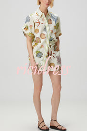 Beach Shell Print Short Sleeve Loose Shirt and Elastic Waist Tie Casual Pocket Shorts Set