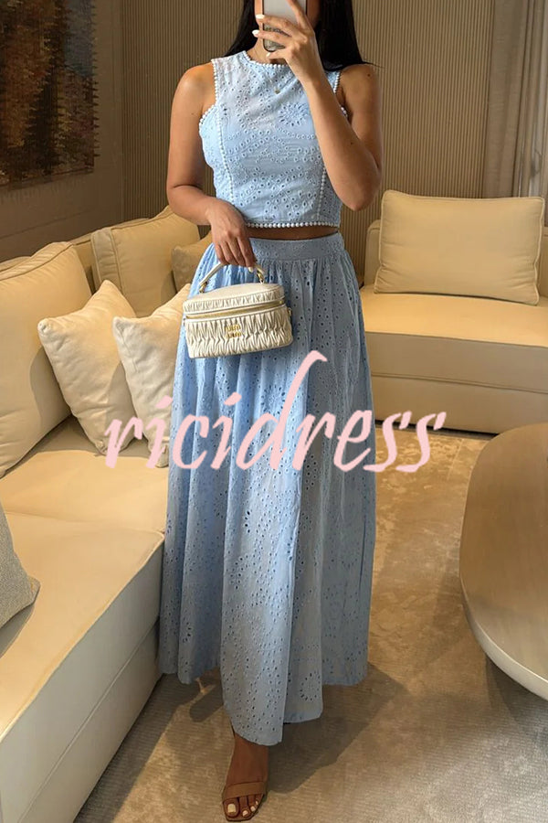 Kaya Embroidery Hollow Lace Back Smocked Tank and Elastic Waist A-line Maxi Skirt Set