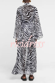 Marsie Zebra-print Elastic Drawstring Waist Long Bell Sleeve Cover-up Kimono
