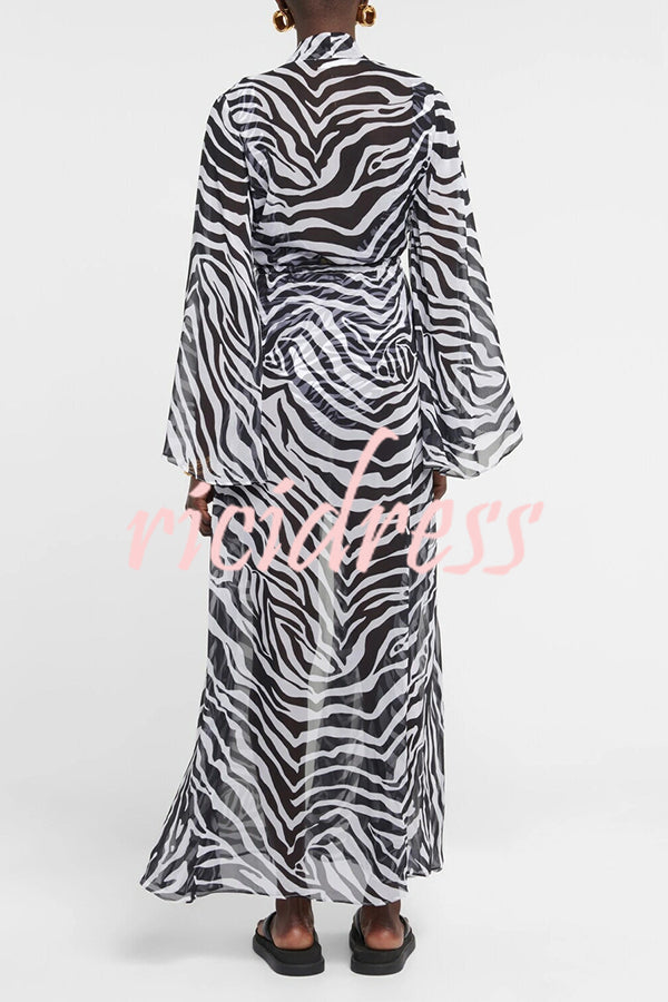 Marsie Zebra-print Elastic Drawstring Waist Long Bell Sleeve Cover-up Kimono