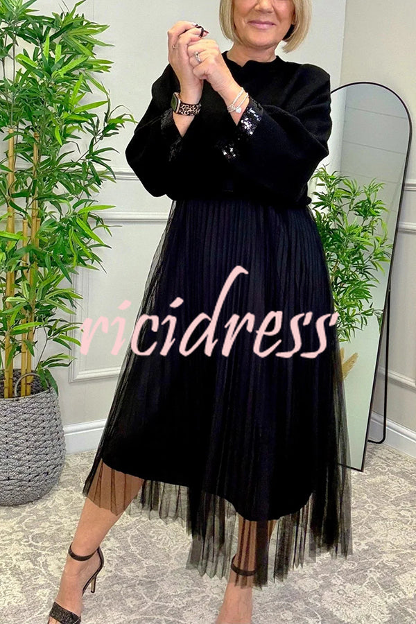 Fenna Ribbed Sequin Trim Batwing Sleeve Sweater and Pleated Tulle Stretch Tank Midi Dress Two-piece Set