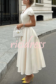 Solid Color V-neck Waist Elegant Full Hem Maxi Dress