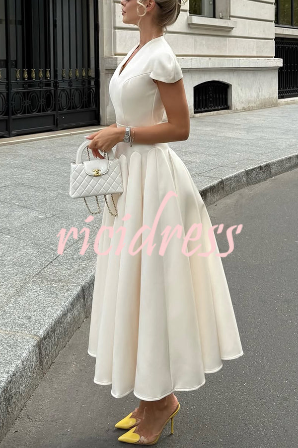 Solid Color V-neck Waist Elegant Full Hem Maxi Dress