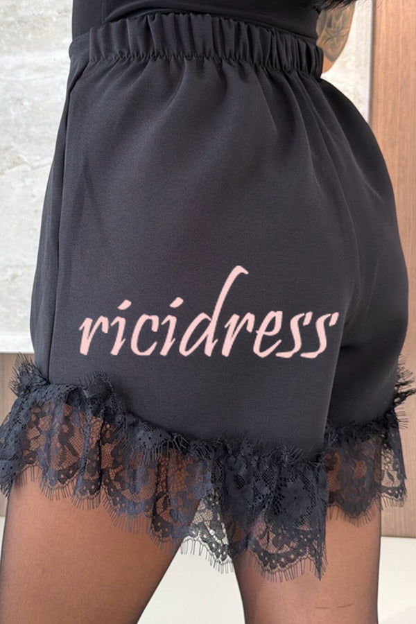 Amazing Items Lace Trim High Rise Elastic Waist Loose Mini Shorts