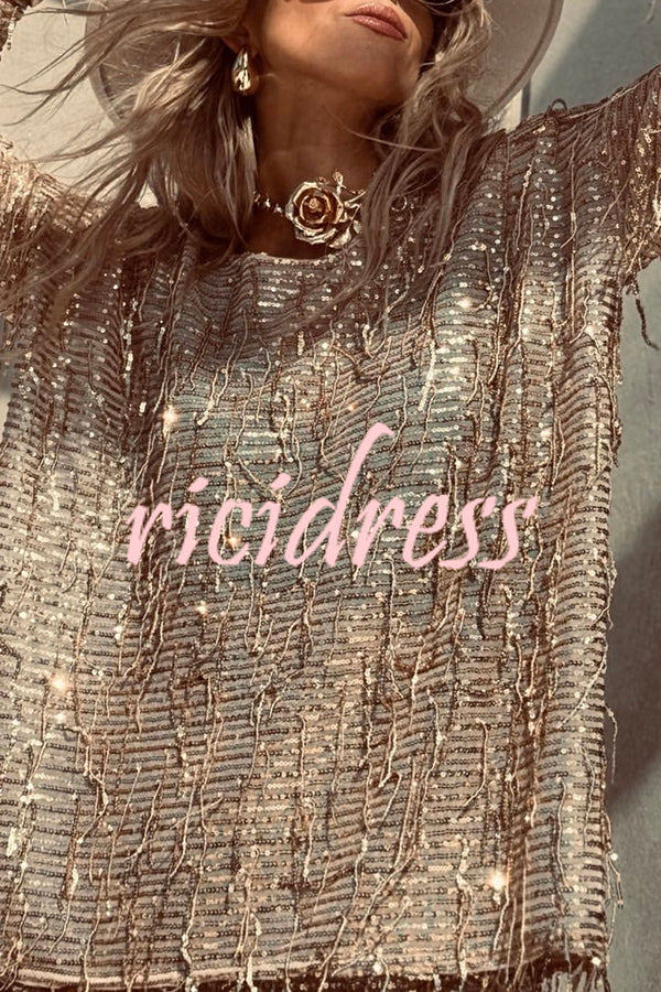 Fashion Sequin Round Neck Long Sleeve Tassel Top and Elastic Waist Casual Shorts Set