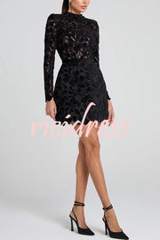 Lydia Embroidered Floral Lace Long Sleeve Belt Tulip Shaped Mini Dress