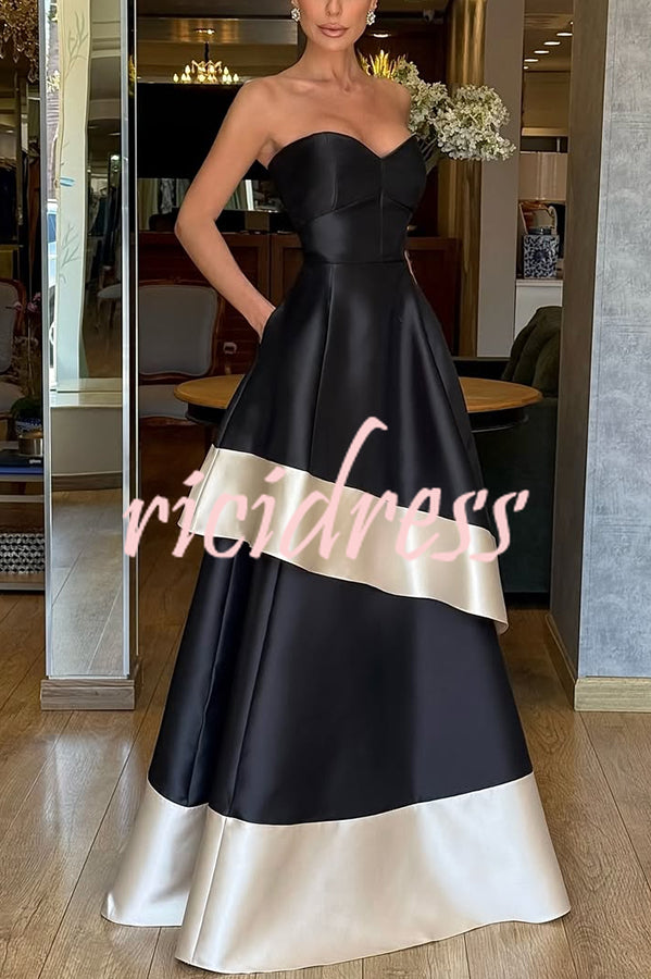 Vivian Satin Contrast Color Sweetheart Bandeau Neck Pocket Layered Maxi Dress