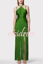 Sexy Halterneck Open Back Elegant Tassel Slim Maxi Dress