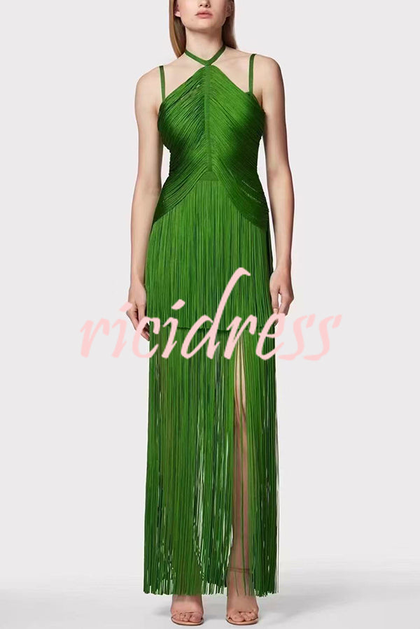 Sexy Halterneck Open Back Elegant Tassel Slim Maxi Dress