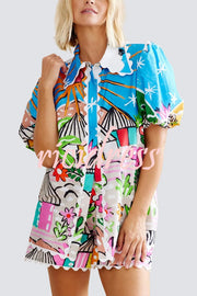 Unique Printed Wave Lace Puff Sleeve Loose Shirt and Elastic Waist Pocket Shorts Set