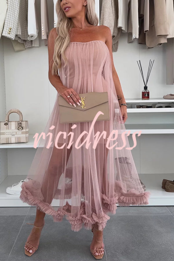 Fairytale Charm Tulle Off Shoulder Ruffles Trim A-line Midi Dress