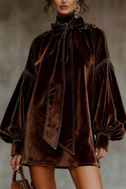 Solid Color Velvet Bow Tie Lantern Sleeve Loose Mini Dress