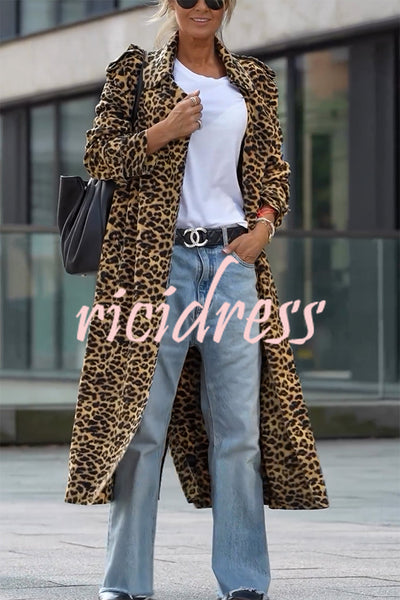 Be Free Velvet Leopard Print Long Sleeve Loose Midi Trench Coat