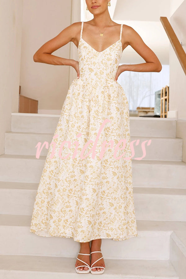 Floral Print V-Neck Sleeveless Back Tie Pocket Maxi Dress