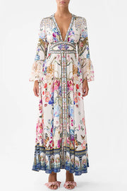 Fairy Tale Print V-Neck Lantern Sleeve Waist Maxi Dress