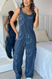Fashion Cartoon Print Loose Round Neck Back Pleated Casual Pocket Wide Leg Jumpsuit