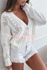 Fashion Hollow Long Sleeve V-neck Button Loose Knitted Cardigan