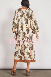 Bradley Linen Blend Color Block Cheetah Print Balloon Sleeve Pocketed Maxi Dress