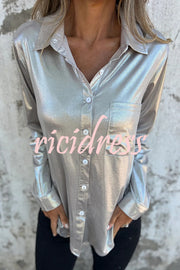 Holiday Look Solid Metallic Loose Pocket Button-down Blouse