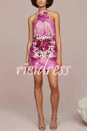 Artistic Flavor Linen Blend Printed Orchid Shape Halter Mini Dress