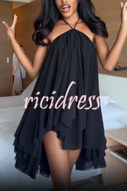 Chiffon Solid Color Halter Backless Irregular Mini Dress