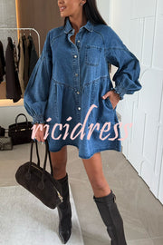 Fashion Heart Button Long Sleeve Casual Pocket Denim Mini Dress