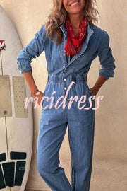 Carey Denim Button Up Long Sleeve Elastic Waist Pocketed Loose Jumpsuit