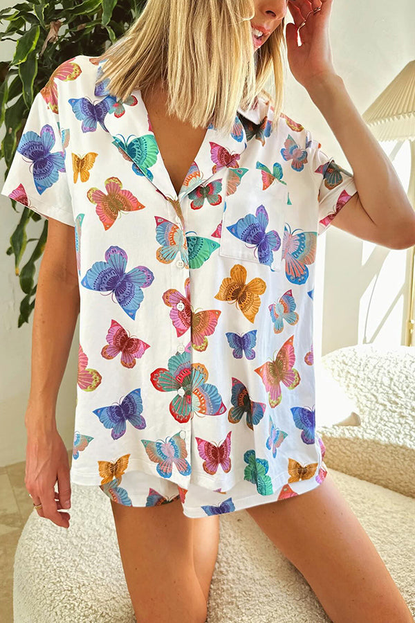 Summer Adventures Unique Print Pocket Loose Shirt and Elastic Waist Shorts PJ / Vacay Set