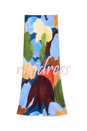 Bright and Bold Satin Abstract Color Blocks Print Elastic Waist Drape Maxi Skirt