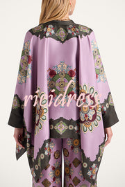 Satin Unique Print Loose Batwing Sleeve Top and Elastic Waist Pocket Casual Wide-leg Pants Set
