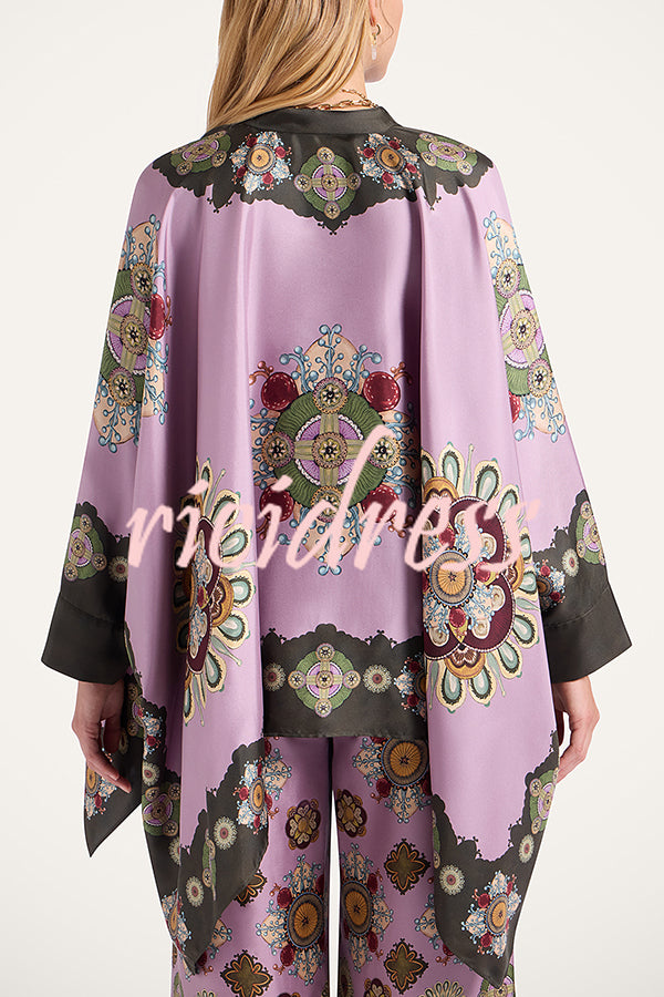 Satin Unique Print Loose Batwing Sleeve Top and Elastic Waist Pocket Casual Wide-leg Pants Set